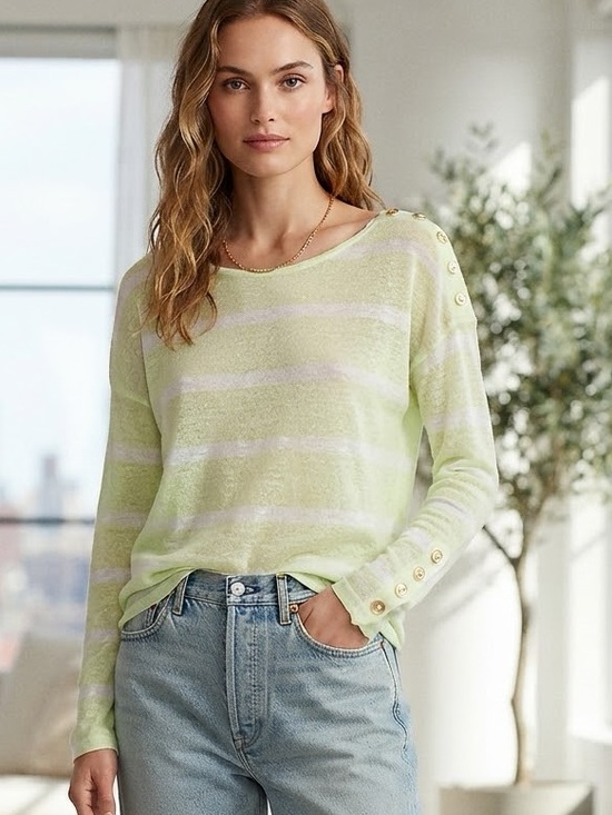 Ralph Lauren Tops - Ralph Lauren Light Lime and White Striped Long Sleeve Top